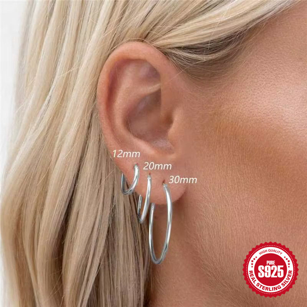 925 Sterling Silver Minimalist Smooth-Finish Earring Set In Multiple Sizes